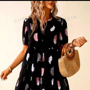SHEIN VCAY Feather Print Ruffle Hem Smock Dress